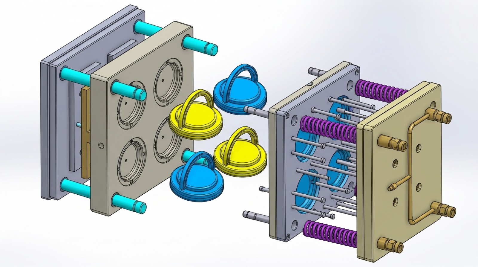 Kulplu kapak kalıbının 3D CAD modeli ve açılmış kalıp montaj görünümü
